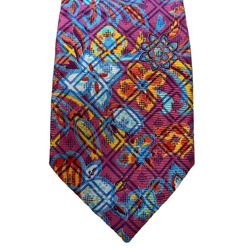 NWOT PRONTO UOMO Silk Floral & Geometric Pattern Skinny Tie, Fuchsia Blue Orange